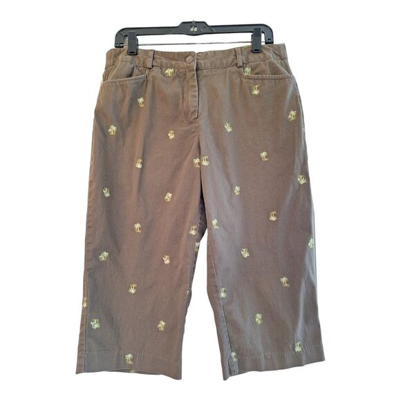 Brown Capri Pants Palm Tree Embroidery 14P Counterparts Cotton Twill Petite L - Picture 1 of 12